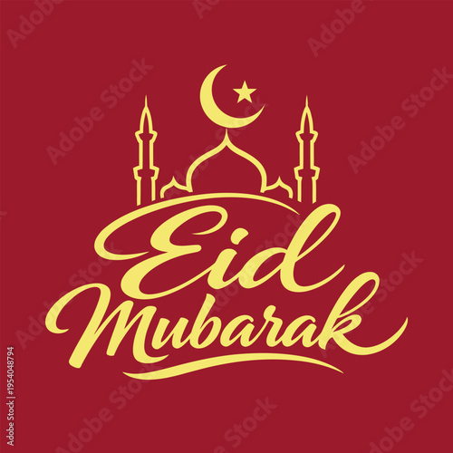 Elegant Eid Mubarak Calligraphy Vector with Golden Mosque Silhouette and Crescent Moon on a Rich Red Background for Islamic Holiday Greetings and Celebrations