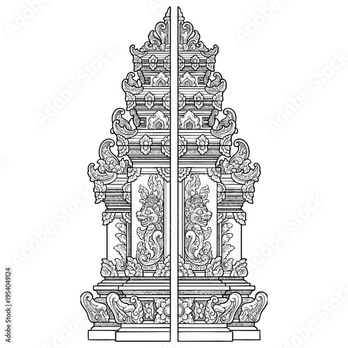 A stunning vector illustration depicting a highly ornate traditional balinese temple gate, characterized by its intricate carvings, symmetrical design, and mythological guardian figures, offering a st