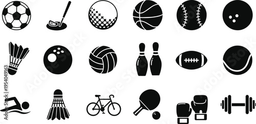 Sports equipment icon collection, black solid silhouettes of various ball games, athletic activity symbols, fitness and competition vector illustrations.