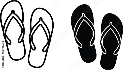Summer flip flops icon collection, beach sandals line art and black silhouettes, tropical footwear vector illustration isolated for design