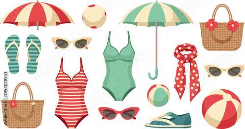 Summer Beach Accessories Vector Set with Swimsuits Umbrellas Sunglasses Flip Flops Bags Ball and Vacation Essentials Collection for Holiday Travel Design
