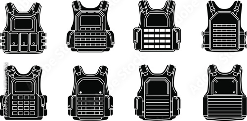 Tactical body armor vest silhouettes, military bulletproof carrier icons, security and police equipment vector illustration isolated for design