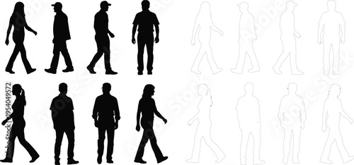 People Walking Silhouette Set Men and Women Different Poses Walking Standing Human Collection Vector Illustration Black and Outline