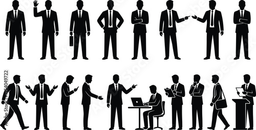 Businessmen silhouettes set featuring professional poses including standing, walking, presenting, working on laptop, shaking hands, and public speaking for corporate career industry concepts