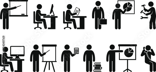 Vector stick figure icons of office workers, teachers, businessmen giving presentations, accountants, and manual laborers representing various corporate jobs and professional workplace occupations