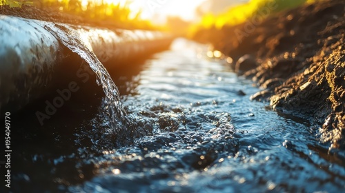 Contaminated water seeping from agricultural drainage into a sunlit rural stream