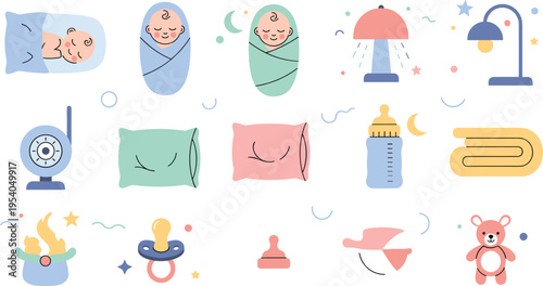 Cute Baby Sleep and Nursery Icons Vector Set with Newborn, Swaddle, Pillows, Lamp, Bottle, Pacifier, Teddy Bear, and Nighttime Elements Design.