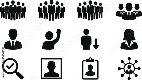Business person icons set including team leadership, professional group silhouettes, recruitment search, female executive,candidate profile, and corporate networking flat vector illustrations