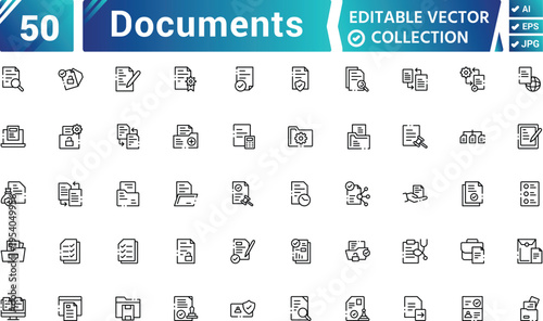 Documents Line Art Icon Set – File, Paper, Report Outline Vector Illustration