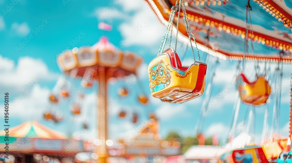 Obraz premium Close-up of a colorful carnival swing ride seat suspended in the air, with blurred amusement park attractions in the background on a sunny day