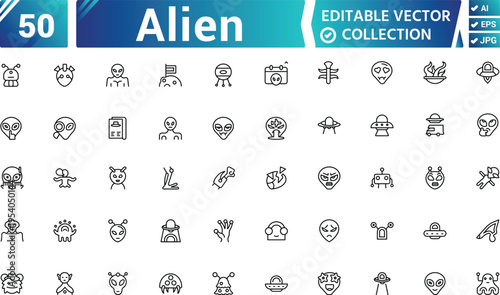 Alien Line Art Icon – Minimal UFO Extraterrestrial Outline Symbol Vector