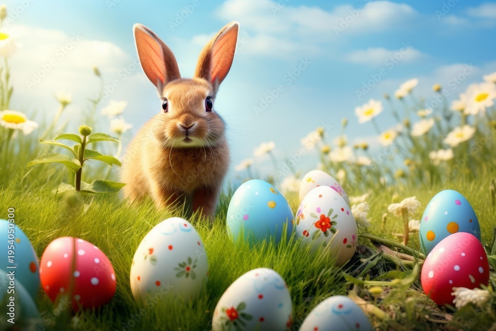 Naklejka premium Adorable rabbit sitting in green grass with decorated eggs under a blue sky, celebrating spring