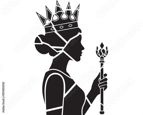 Queen silhouette with crown and scepter in hand, black and white illustration featuring royalty, monarch, regal with royal and graphic elements for