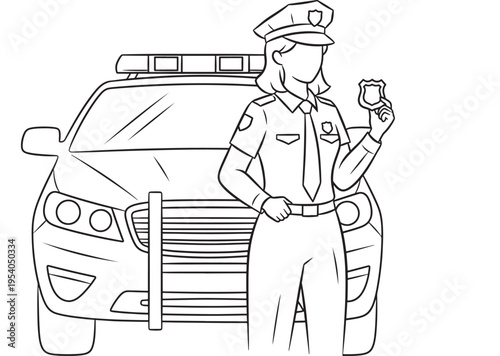 Police officer standing beside a police car with a flashlight in hand and emergency lights on top featuring law enforcement, uniform, cop with