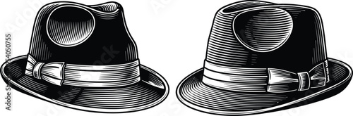 Vintage fedora hats with ribbons, classic gentleman headwear, retro fashion accessory, stylish gangster hat vector illustration, woodcut style.