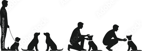 dog, training, silhouette, vector, icon, pet, animal, leash, sit, command, reward, obedience, handler, person, interaction, communication, discipline, design, art, graphic, illustration