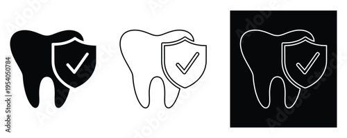 Dental protection icons with shield and checkmark on tooth symbols in black and white