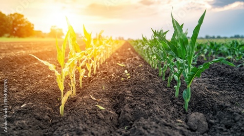 Corn field in contrasting stages of growth under soft sunlight, representing the impact of changing seasons on crop yields in a rural setting.