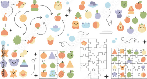 Cute Educational Puzzle Game Vector Set with Animals, Fruits, Shapes, Matching Activities, Arrows, and Kids Learning Elements for Preschool Design.
