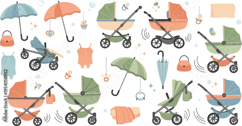 Cute Baby Stroller and Accessories Vector Set with Prams, Umbrellas, Bags, Pacifiers, and Outdoor Infant Travel Elements for Parenting Design.