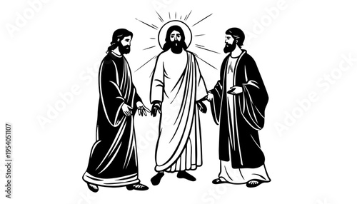 Jesus Christ illustration with two followers in a black and white silhouette