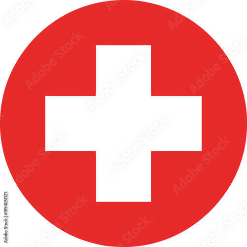 White medical cross on red circle background, healthcare and first aid symbol, emergency pharmacy icon vector illustration, isolated on white background
