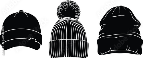 Winter beanie hat icons, knitted cap silhouettes with pompom, cold weather headwear collection, fashion accessories, clothing vector illustration