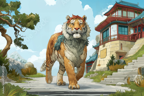 Illustration of tiger running in the mountains