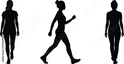 Woman walking silhouette illustrations, female pedestrian walking poses, active lifestyle girl moving forward, person side and front view vector.
