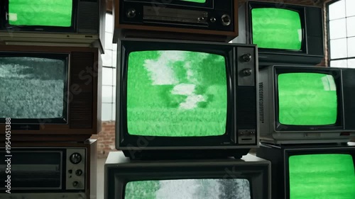 Stack of vintage televisions with static and green screens in brick room