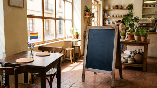Blank black chalkboard easel mockup in a cozy cafe interior