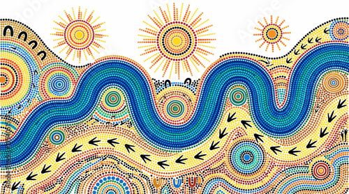 Vibrant dot painting of Australian Aboriginal inspired landscape with suns and river
