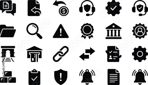 Set of 24 Black Business and Finance Solid Icons Vector