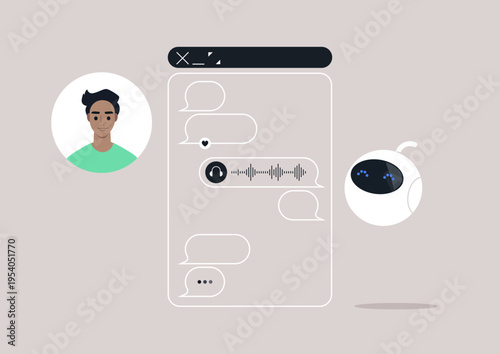 A user interacts with an artificial agent chatbot on a sleek, digital interface, The assistant displays requested prompt results and engaging speech bubbles, creating a lively dialogue atmosphere