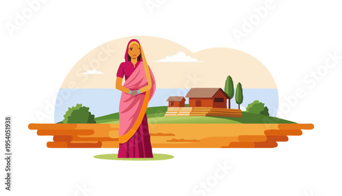 A woman in traditional Indian clothing stands in a rural village landscape