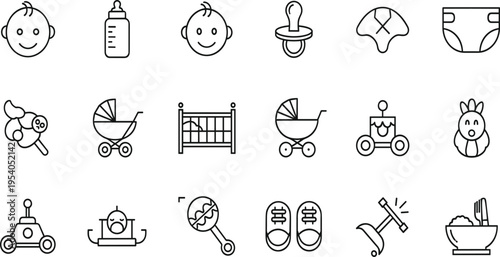 Minimal Baby Line Icon Set Vector with Newborn Face, Bottle, Pacifier, Stroller, Crib, Toys, Clothes, and Nursery Essentials for Outline Design.