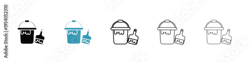 Paint bucket and paint brush icon in line art style on white background for graphic and web design.