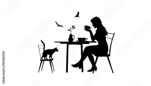A woman silhouette sitting at a table with a cat and drinking coffee