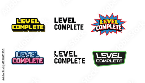 Level complete badges in various colors and styles on a white background