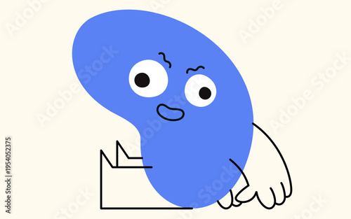 Joy blue geometric figure face, circle eyes, smiling mouth at in a sitting position.