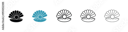 Pearl in the open shell icon in line art style on white background for graphic and web design.