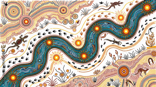 Vibrant Australian Aboriginal dot painting with animals and sun designs