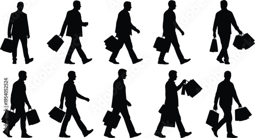 Silhouette Set of Men Carrying Shopping Bags and Walking Featuring Diverse Poses for Retail Sales Fashion Consumerism Marketing and Lifestyle