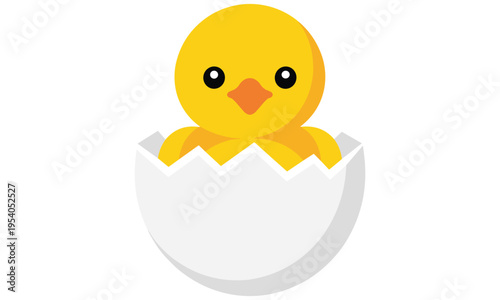 A cute yellow chick emerges from a white eggshell with a cheerful expression on its face