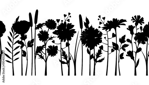 A flower silhouette illustration with various wildflowers on a white background