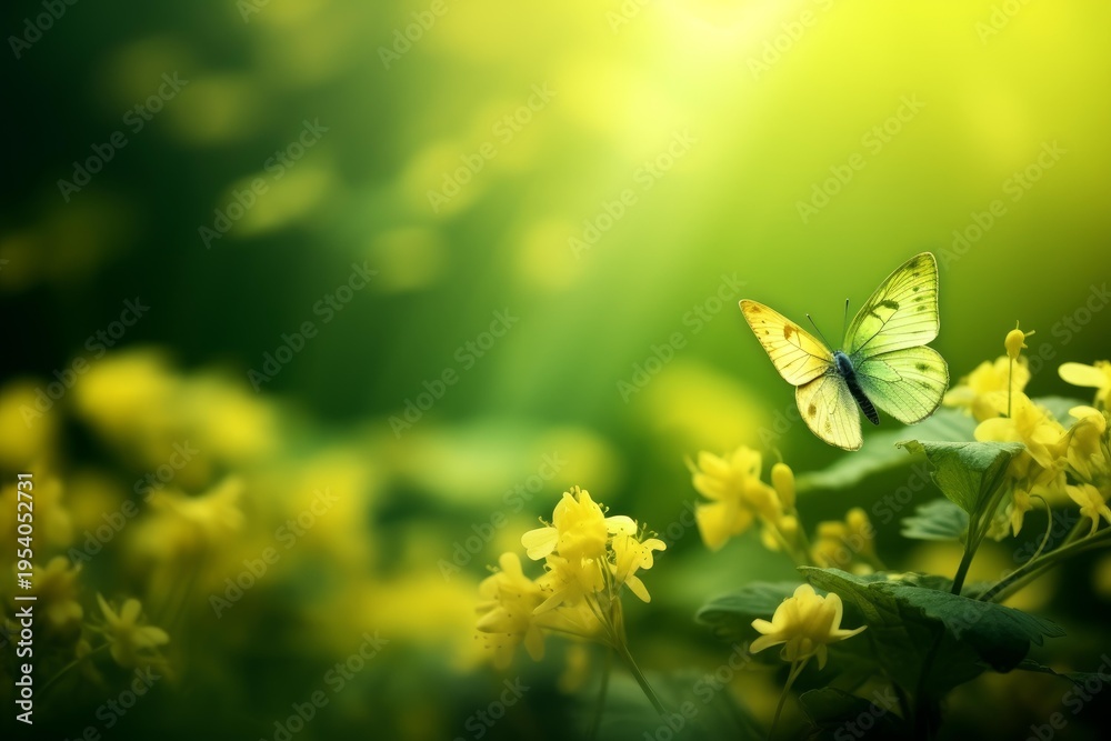 Obraz premium Butterfly flying near blooming yellow flowers under spring sunlight with blurred green background