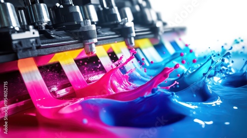 Dynamic Inkjet Printing Process with Vibrant Color Splashes and Gradients in Action