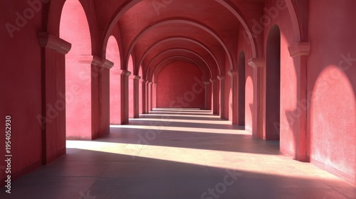 Elegant pink architectural hallway with repeating arches and dramatic light and shadow patterns, creating a sense of depth and historical grandeur.