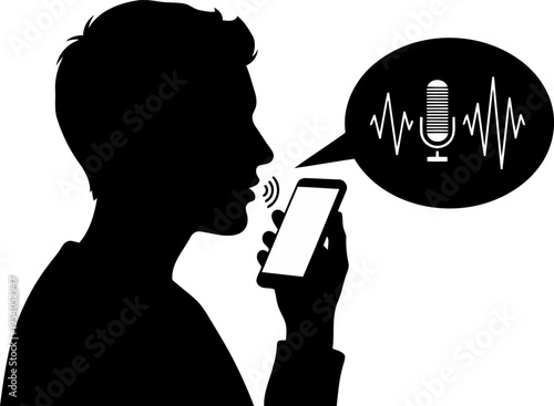 Silhouette of a person speaking to smartphone with voice assistant sound wave icons.