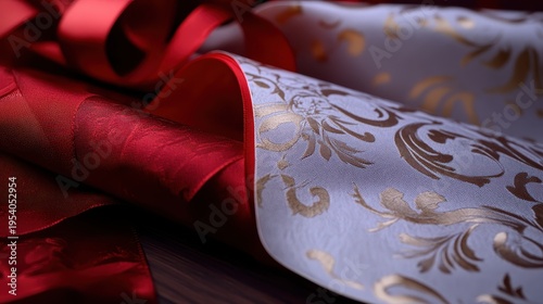 Elegant Red and Gold Patterned Christmas Wrapping Paper with Shiny Ribbons